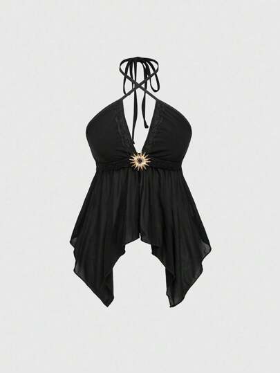 Goth سترة نسائية بحلية دانتيل مع زخرفة معدنية ذات نمط جوتي مع ذيل غير متماثل من الشبكة