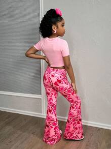 SHEIN 2 件套青少年女孩可爱心形印花 T 恤和针织裤休闲时尚搭配套装，日常百搭服装 - 粉色 - 查看 2