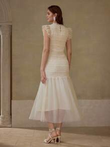 MOTF PREMIUM RUCHED FABRIC CONTRAST MESH ROMANTIC LONG DRESS, SUITABLE FOR VACATION - Apricot - View 3