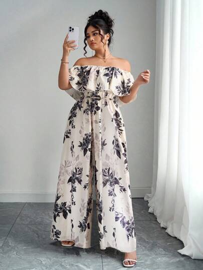 Elenzga Mono de pierna ancha con cintura ceñida y hombros descubiertos, elegante y sexy para playa y vacaciones, talla grande