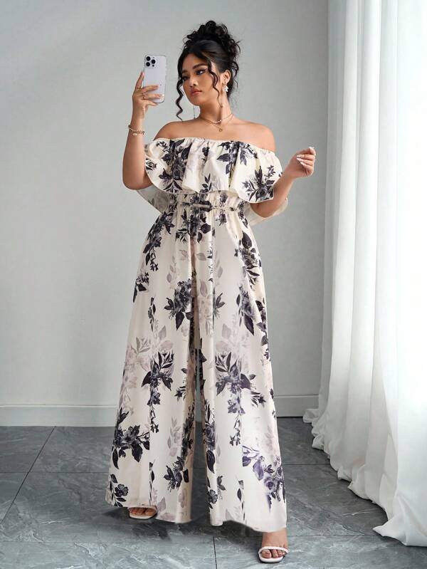 Elenzga Salopetă plus size cu umeri goi, talie strânsă, croială largă, elegantă și sexy, pentru plajă și vacanță