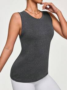 Easify SHEIN Sport Women Plain Round Neck Open Back Workout Camisole