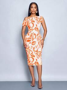 SOLERSUN 抽象水波花卉数码印花紧身性感派对中长连衣裙，时尚单肩 - 彩色 - 查看 3