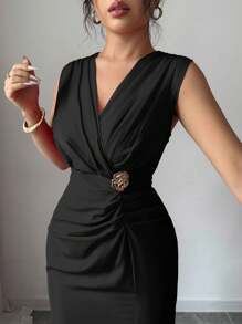 Rafferiza Plus Size Women Party Slit Ruched Slimming Dress - Black - View 5