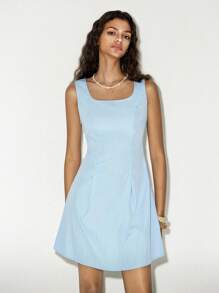 Ria Solene Women's Elegant Solid Color Sleeveless Short Dress, Summer - Blue - View 4