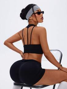 SHEIN Sports Women Minimalist Solid Color Seamless Backless High Elasticity Sports Bra - Black - View 1