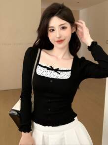 DAZY Women Casual Color Block Bow Short Sleeve T-Shirt Cute Top Milkmaid Top Long Sleeve Top