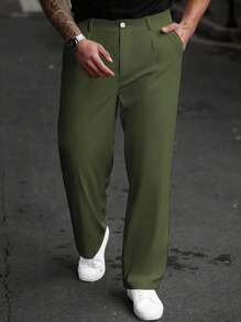 Manfinity Homme 男士加大码简约纯色口袋纽扣前直筒裤，秋季 - 軍綠色 - 查看 1
