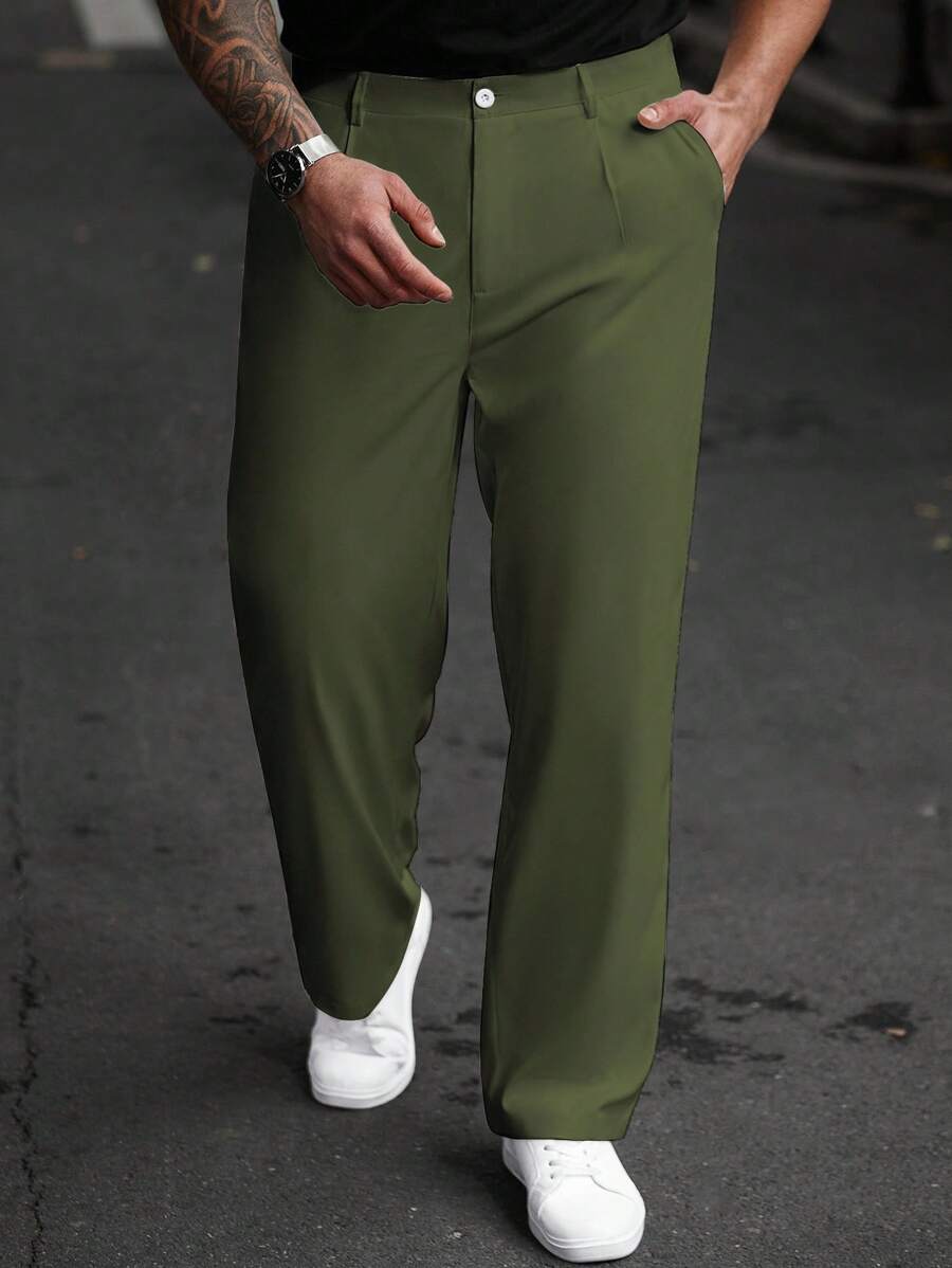 Manfinity Homme 男士加大码简约纯色口袋纽扣前直筒裤，秋季 - 軍綠色 - 查看 1