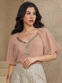 DAZY Women's Elegant Splicing Tape Decor Round Neck Blouse, Summer Carnival - Baby Pink - View 5