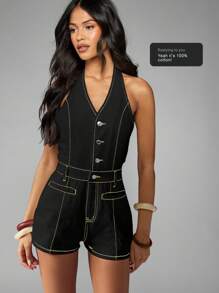 MISSGUIDED 牛仔吊带连身裤 做旧缝线 夏季节日纽扣连身裤 露背迷你长款无袖套头衫 - 黑色 - 查看 7