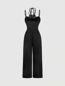 SHEIN MOD Women's Black Summer Elegant Dinner Date Solid 3D Floral Decor Ruffle Wide Leg Jumpsuit With Straps,Old Money Style Classy Office Attire Beach Outfits - Black - View 2
