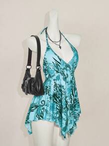 SHEIN ICON Áo hai dây hở lưng in họa tiết cổ điển dành cho nữ, áo cánh Y2k cổ chữ V phong cách Bohemian Beach Hippie Chic cho kỳ nghỉ hè - Màu xanh lam - Xem 4