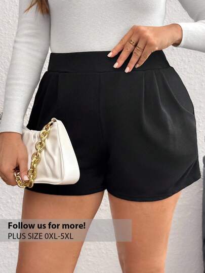 Firerie Plus Size Elegant Commuting Casual Solid Color Casual Versatile Pleated Pleated Mid-Elastic Fit Shorts Suitable For Spring And Summer