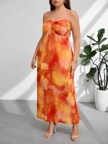 Firerie Vestido de mujer de talla grande de estilo elegante y casual, perfecto para vacaciones, días soleados, citas románticas. Vestido con parte superior tipo tubo, detalle de nudo frontal, de tela suelta, con estampado de flores y teñido anudado, con volantes.