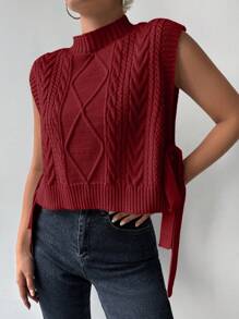 EURMUSE Mock Neck Knot Side Cable Knit Sweater Vest - Red - View 3