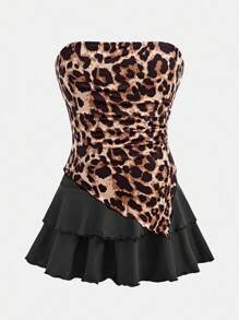 SHEIN Girlism Tween Girls Y2K 街头服饰短款褶皱不对称下摆豹纹修身背心和双层荷叶边针织短裙短裤套装，舒适高弹力开学装 - 黑色 - 查看 1