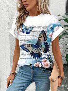 EMERY ROSE Camiseta de mujer de manga raglán con estampado floral minimalista y casual, adecuada para primavera y verano, tops de verano para vacaciones y salidas - Multicolor - Ver 1