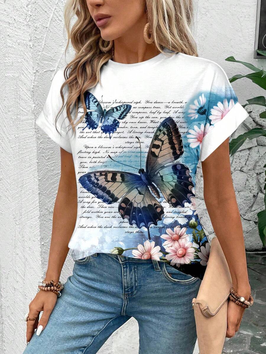 EMERY ROSE Camiseta de mujer de manga raglán con estampado floral minimalista y casual, adecuada para primavera y verano, tops de verano para vacaciones y salidas - Multicolor - Ver 1