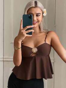 DAZY 1pc Women's Coffee Color Marine Style Blouse,Babydoll Top Going Out Tops Vacation Tube Top - Coffee Brown - View 1