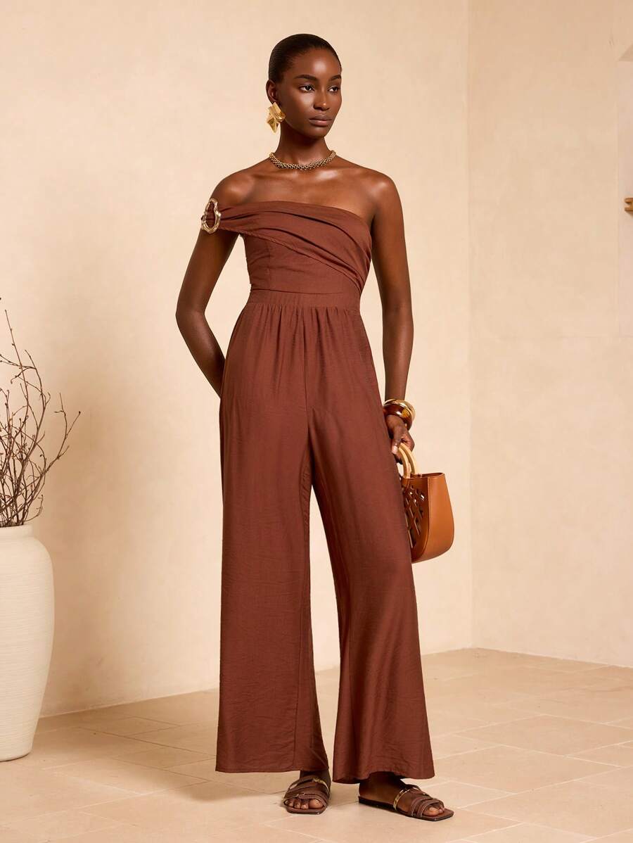 Zivah 20 Summer New Style Birthday Party Daily Outing Basic And Versatile Leisure Vacation Internet Celebrity Hot Style Street Style Elegant Commuter Business Casual One Shoulder Off Shoulder Gathered Waist Wide Leg Trousers Brown Bamboo Texture Fabric Summer Jumpsuit Women's Jumpsuit One Shoulder Jumpsuit Elegant Jumpsuit Brown Jumpsuit - Brown - View 1