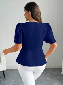Elenzga Blus Elegan Lengan Pendek Kerah Persegi Warna Polos Kasual untuk Wanita Ukuran Besar - Royal Blue - View 2