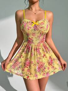 SHEIN Camisón de mujer con estampado floral y decoración de moño - Amarillo - Ver 4