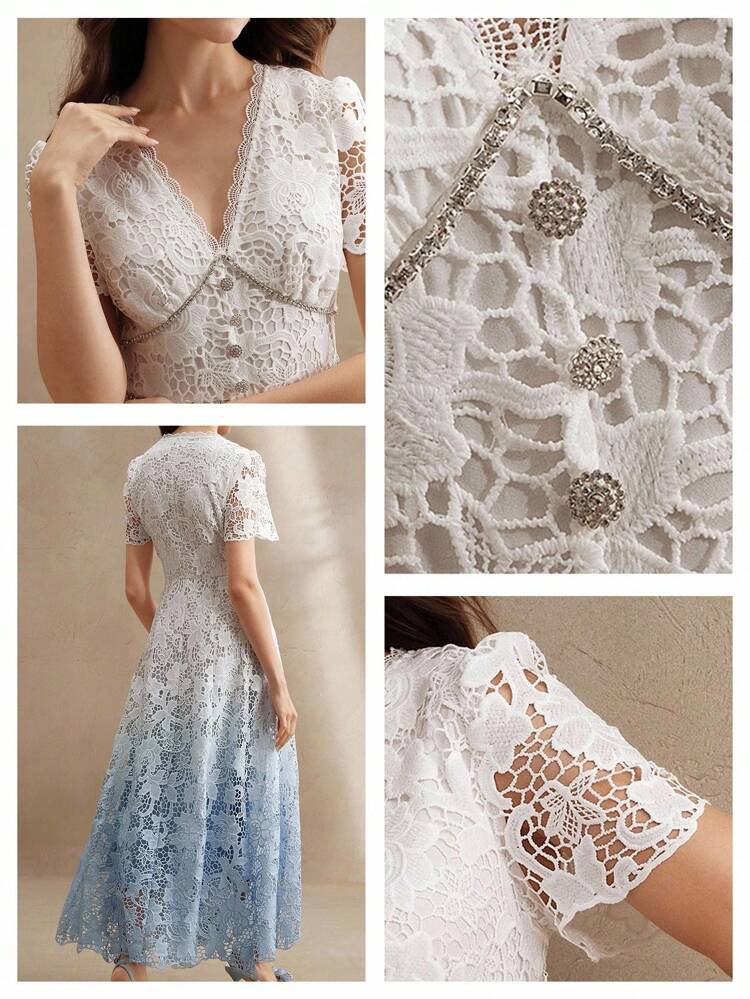 Robe d'été mi-longue élégante pour femmes, col en V, manches courtes, avec imprimé ombré en dentelle, chaîne de bijoux à la taille, coupe ajustée et évasée