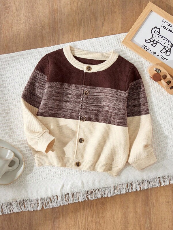 Blossori Cardigan elegant cu dungi kaki, cu guler rotund și nasturi în față, pentru băieți