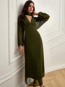 Aveloria Rosie 优雅简约时尚V领丝带装饰褶饰腰部高开衩长袖连衣裙，适合女士，高端设计，适合约会 - 橄欖綠 - 查看 5