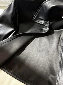 SHEIN Tween Girl Casual Streetwear Style Lapel PU Metal Zipper Front Cropped Jacket, Black Black Leather Jacket Cropped Leather Jacket Faux Leather Jacket Black Cropped Jacket,In Fall/Winter