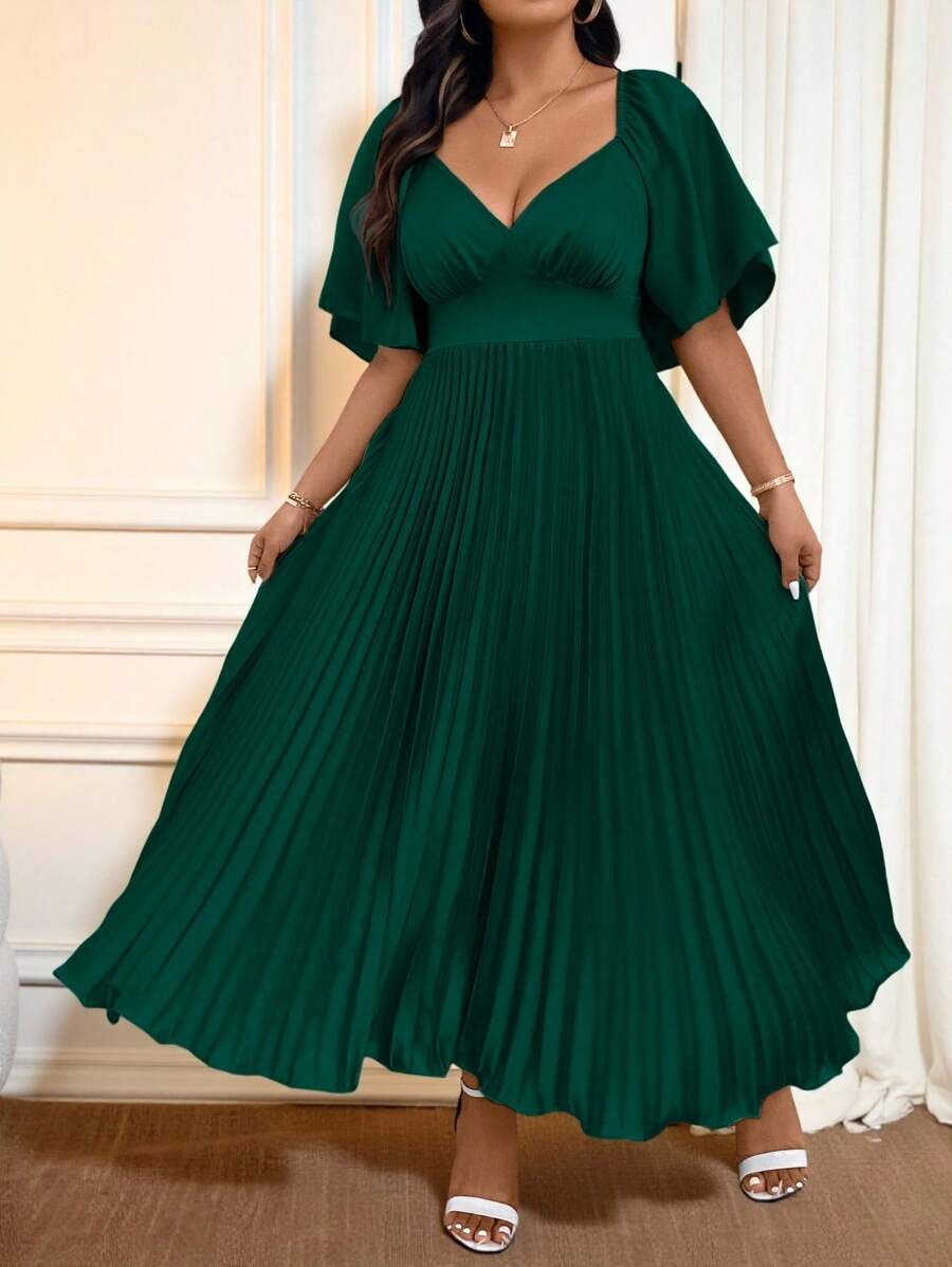 Allurite 加大码薄荷绿荷叶边袖深 V 领褶皱中长连衣裙，适合圣诞节长款女装婚礼 - 墨綠色 - 查看 1