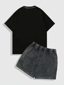 ROMWE MEN Street Life Men's Letter & Figure Print Short Sleeve Casual T-Shirt And Drawstring Waist Shorts Set - Black - View 2