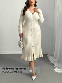 Firerie Plus Size Women Apricot V-Neck Ruffled Hem Knitted Dress, New Autumn/Winter Style
