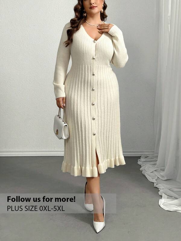 Firerie Plus Size Women Apricot V-Neck Ruffled Hem Knitted Dress, New Autumn/Winter Style