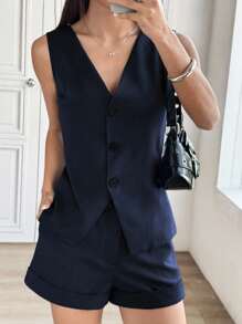 SHEIN Unity 休闲简约无袖开襟前扣夹克短款上衣和高腰卷边短裤套装 - 藏蓝色 - 查看 6