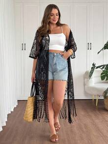 SHEIN LUNE Áo khoác ren mỏng tua rua cho kỳ nghỉ cỡ lớn - màu đen - Xem 5