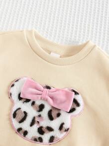 Cozy Pixies 女婴蝴蝶结豹纹熊头图案圆领长袖套头卫衣，休闲运动外套，百搭女婴卫衣，豹纹女婴卫衣，女婴动物印花卫衣，女婴豹纹卫衣，女婴动物印花卫衣，女婴动物印花卫衣，女婴豹纹卫衣，女婴豹纹女童服装，豹纹女婴，秋冬季 - 杏色 - 查看 5