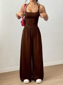 SHEIN Unity Spring & Summer Casual Pleated Wide Leg Jumpsuit, Loose Fit