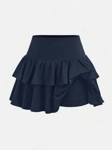 SHEIN Girlism 少女休闲装、运动装、学院风、返校装、黑色衬裙、层叠荷叶边下摆短裙、迷你裙、春夏季 - 藏蓝色 - 查看 5