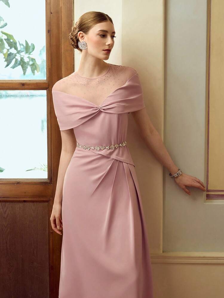 ZEYLAH Women's Elegant Mesh Patchwork Rhinestone Embellished Dress