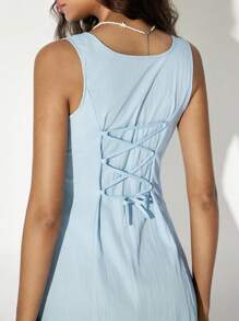 Ria Solene Women's Elegant Solid Color Sleeveless Short Dress, Summer - Blue - View 3