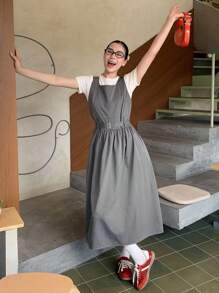 DAZY Đầm nữ kiểu Hàn Quốc màu trơn cổ tròn dài ngang gối, đầm mùa hè cho nữ. - Xám - Xem 5