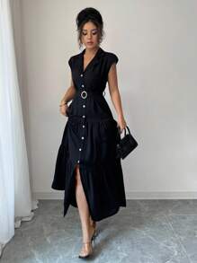 SHEIN Tall Elegantes und sexy Damenkostüm für den Büroalltag, Urlaubsmode, luxuriös, Promi-Stil, figurformende, hochwertige, französisch inspirierte schwarze Hemdkleid mit Taillengürtel, Einreiher mit Schulterpolstern, ärmellos mit Gürtel, Hemdkragen