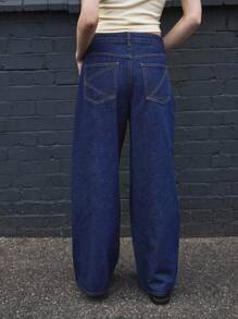 COUREZ Super Oversized Fold Pleated Front Detail Jeans/Summer Bottoms Y2K Streetwear Vintage Cotton - Navy Blue - View 6