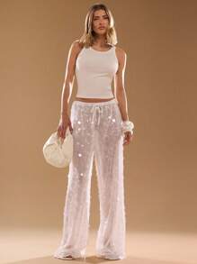 SHEIN BAE 女式亮片拼接抽绳腰部透视宽松裤 - 白色 - 查看 4