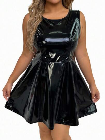 SHEIN EMERY ROSE CURVE Plus Size Black PU Shiny Leather Zip Up V-Neck Sleeveless A-Line Dress