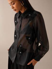 Lilora Sequin Embroidery Sheer Long Sleeve Blouse,Black Summer Elegant Night Out See-Through Shirt,Urban Hand-Cranked Butterfly Leisure Top - Black - View 4