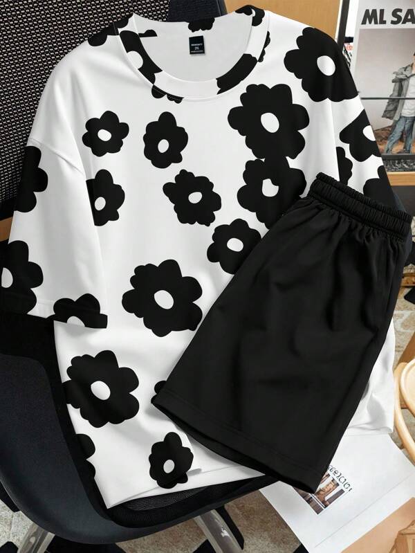 Claim Dot Plus Size Męski Casualowy Krótki Rękaw T-shirt I Luźne Szorty Zestaw, Lato