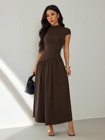 SHEIN PETITE Women's Solid Color Stand Collar Puffed Sleeve Pleated Long Casual Dress, Summer Brown Dress